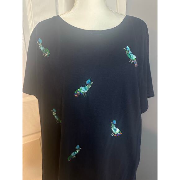 Talbots 2x T-Shirt Top Peacock Beaded Sequins Short Sleeve Navy Womens - Picture 3 of 6